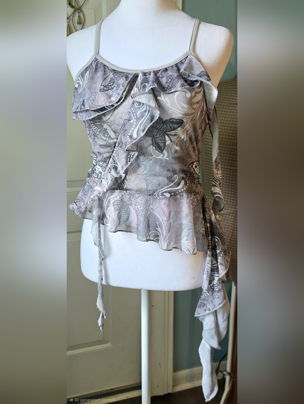ROMWE Y2K Asymmetric Ruffled Tank Womens S Gray Lavender Butterfly Dark Whimsy